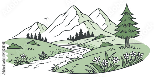 a serene mountain landscape with a stream and tree Vector