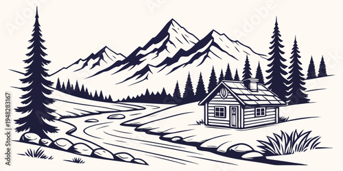 a small house in a snowy mountain landscape Vector