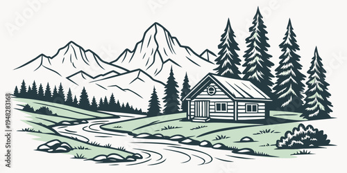 a small house in a mountainous landscape with trees Vector