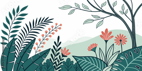 a lush forest landscape with flowers and trees Vector