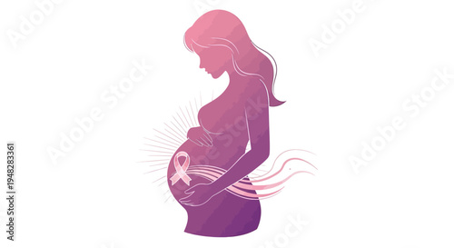A pregnant woman's silhouette with a pink ribbon on her belly, symbolizing pregnancy protection and prenatal life awareness in a purple and pink gradient design