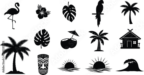 Tropical island silhouette icons isolated on transparent background