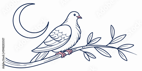 a bird perched on a branch under the crescent moon Vector