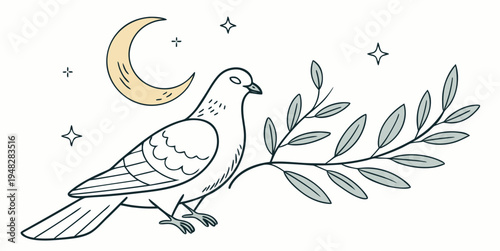 a pigeon perched on a branch under the moon Vector