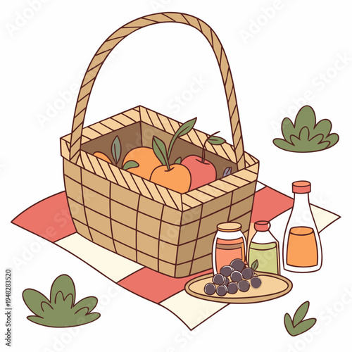 a wicker picnic basket with food and drinks on a blanket Vector