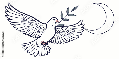 a white dove carrying a branch and flying near the moon Vector