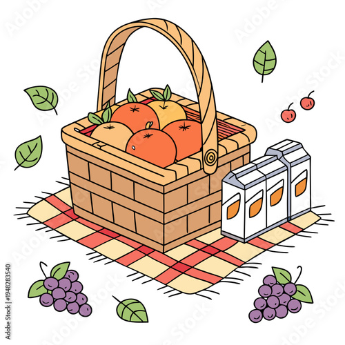 a wicker picnic basket filled with fresh fruits Vector