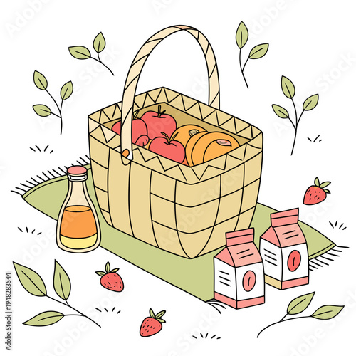 a picnic basket filled with food and drinks on a blanket Vector