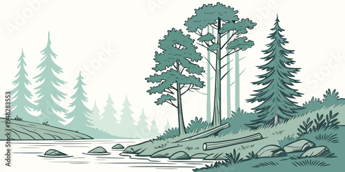 a serene lake surrounded by tall trees on a rocky shore Vector