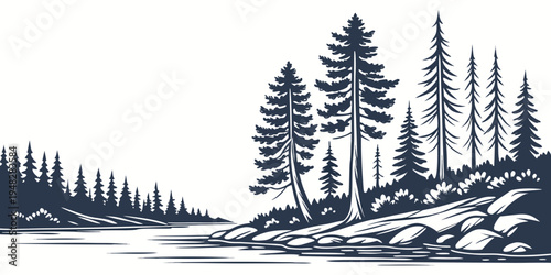 a serene lake scene with pine trees on the shore Vector