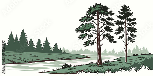 a serene landscape with pine trees by a river Vector