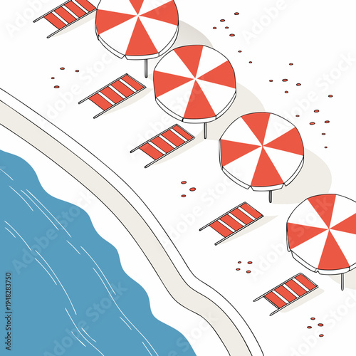 a beach with several red and white umbrellas and lounge chairs Vector