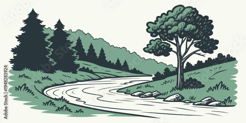 a serene landscape with a winding river and trees Vector