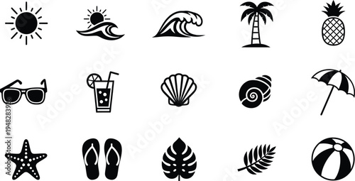 Black silhouette beach icons isolated on transparent background