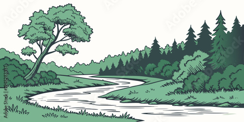 a serene river flowing through a lush green forest Vector