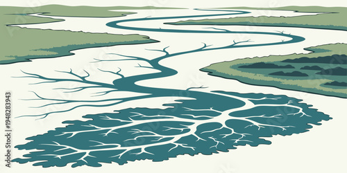 aerial view of a winding river with green land Vector