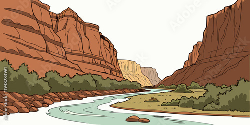 a river flowing through a canyon with rocky cliffs Vector