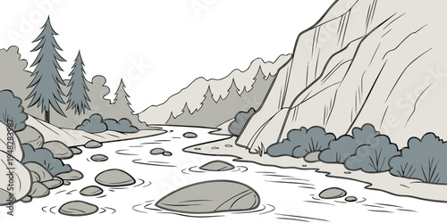 a river flowing through a mountainous landscape with trees Vector