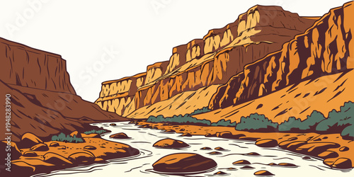 a river runs through a canyon with orange and brown rocky cliffs Vector