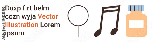 Communication, music, medicine, design, education, creativity. Visual elements include music notes, a medicine jar a circular diagram and text. Communication and music concepts