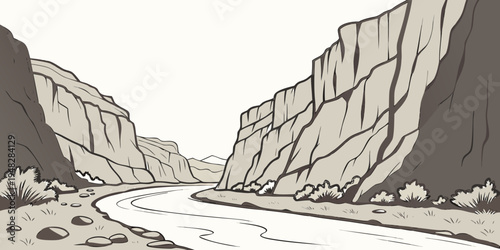 a river running through a canyon with steep cliffs Vector