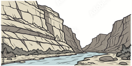 a river running through a canyon with rocky cliffs Vector