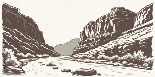 a scenic view of a river running through a canyon Vector