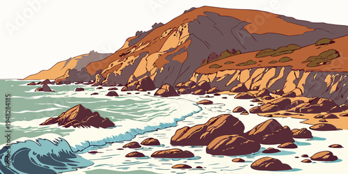 a rocky coastline with waves crashing on the shore Vector