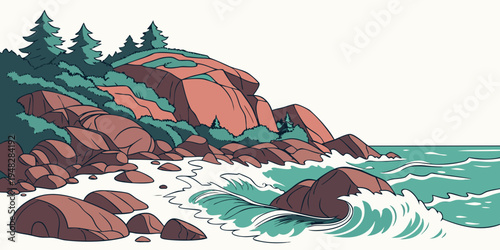 a rocky coastline with waves crashing against the shore Vector