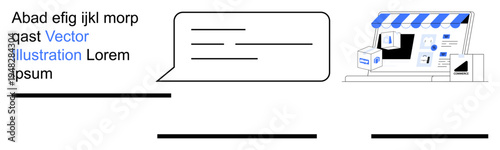 Digital commerce, online retail, delivery services, communication, small businesses, e-store setup. Speech bubble with text next to an e-commerce storefront and parcel. Digital commerce and online