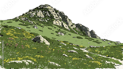 a green mountain with yellow flowers on its slope Vector