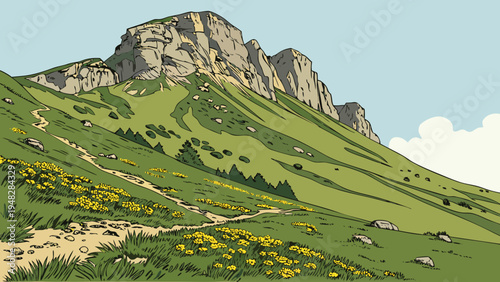 a large mountain with a green hillside and yellow flowers Vector