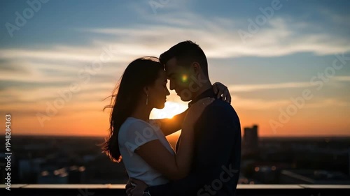 A romantic couple embracing during a beautiful sunset overlooking the city