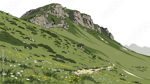 a green mountain with a rocky peak and wildflowers Vector
