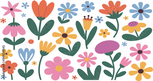 Bold colorful flowers and leaves in retro groovy style background perfect for children graphic design playful floral vector set