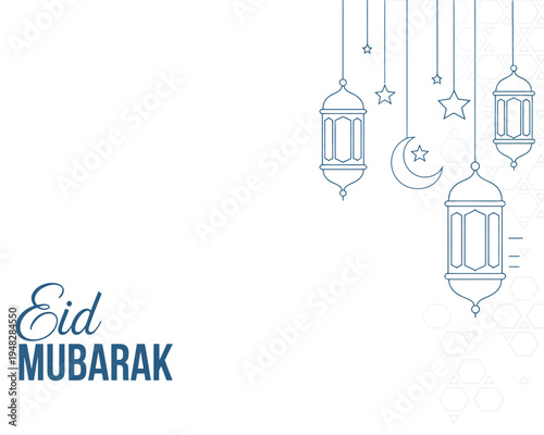 Blue line art lanterns and celestial symbols frame the Eid Mubarak text on a white surface.