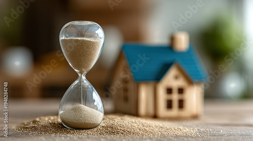 Real Estate Investment Growth - Hourglass with house model symbolizes time and property value.