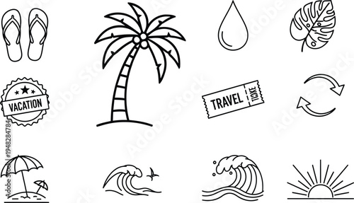 Silhouette icons of summer vacation symbols isolated on transparent background