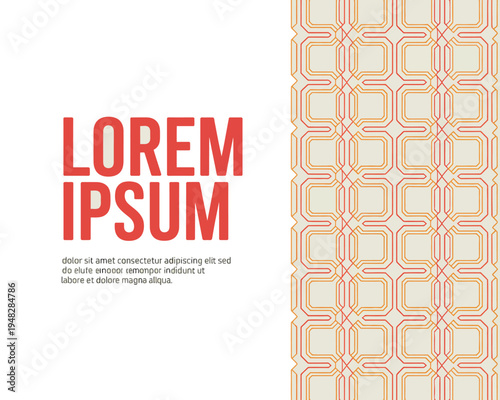 Red text headline occupies left space beside a beige and orange geometric repeating pattern.