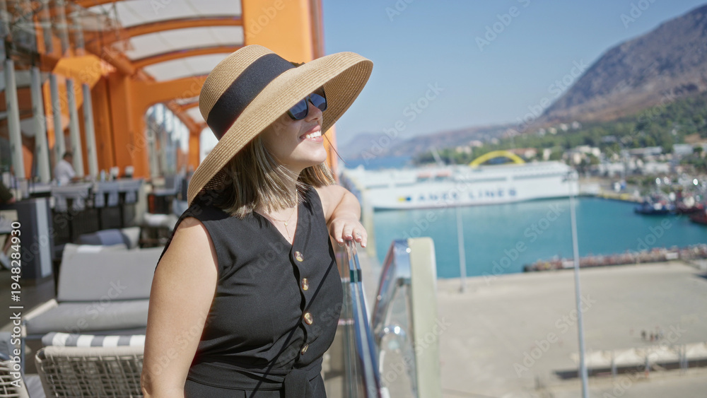 Naklejka premium Young woman wearing sun hat and sunglasses leaning on glass railing on building terrace smiling toward sea; relaxation vacation.