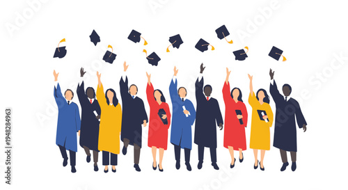 People celebrating graduation with tossed caps.