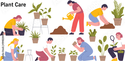 Plant care banner illustration set featuring gardener and landscaper characters tending plants, gardening tools, and lush greenery vector design