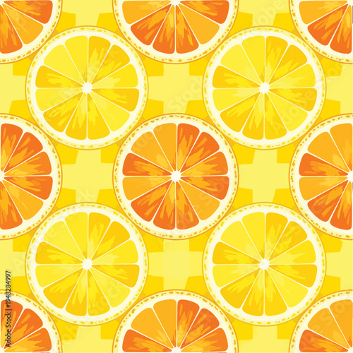 A vibrant seamless pattern featuring orange and lemon slices on a bright yellow background.