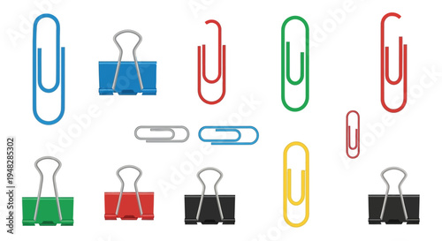 A collection of colorful paper clips and binder clips on a white background