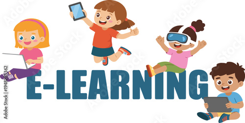 Kids learning with laptop stickman style illustration showing children using technology device cyberspace education fun vector clipart