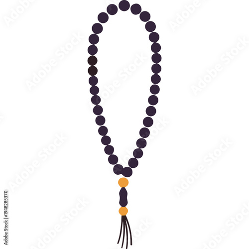 A Buddhist rosary with dark purple beads and orange accents is displayed on a neutral background.