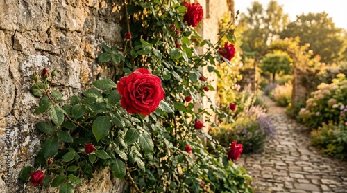 Crimson roses climb an ancient stone wall beside a quaint cobblestone garden path bathed in golden