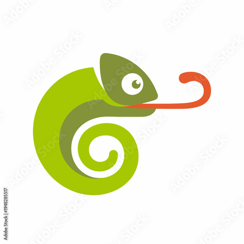 This playful illustration showcases a chameleon with a vibrant green body and curly tail, expressing curiosity and adaptability, ideal for nature-themed projects.