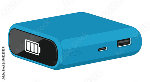 A teal-colored portable power bank with USB ports and a battery indicator on a white background