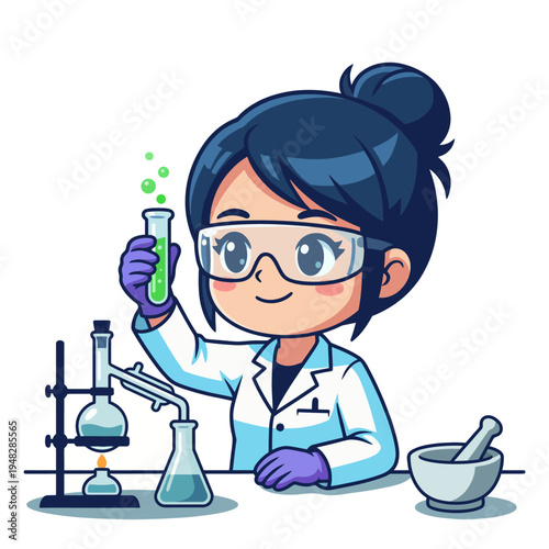 A cheerful cartoon scientist happily conducting an experiment with colorful liquids in beakers and test tubes, showcasing the joy of discovery and curiosity in science.